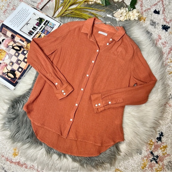Outerknown Tops - Outerknown Orange Gauzy Women’s Muslin Soft Button Down Shirt Sz S